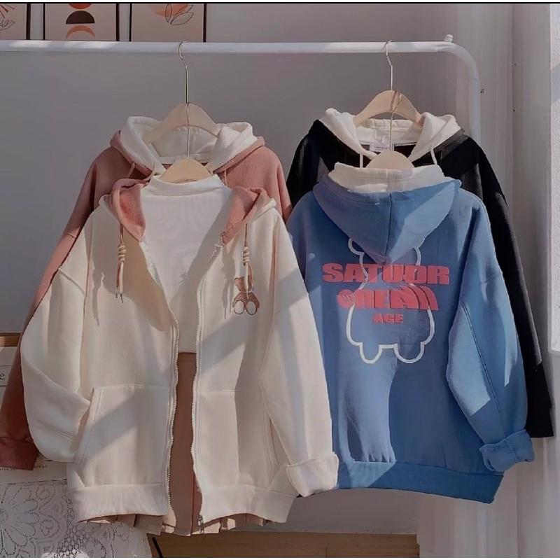 Áo khoác hoodie form rộng, Áo khoác chống nắng in hai mặt Gấu