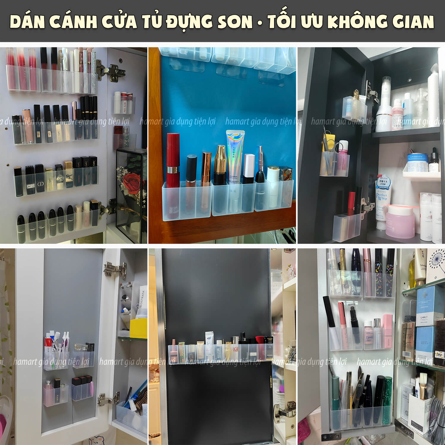 Khay Đựng Son Môi Mini 3 Ngăn Dán Tường Hộp Trong Suốt Gắn Cánh Tủ Treo Đồ Trang Điểm Để Mỹ Phẩm - 1 Khay Để Son 3 Ngăn + Tấm Keo