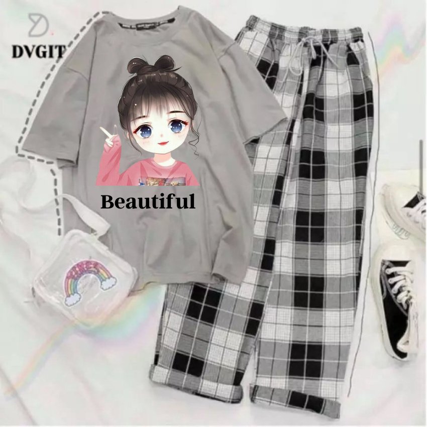 Sét Bộ Nữ SS08, Sét Đồ Nữ Đi Chơi Đẹp In Hình Cô Gái Nơ Đỏ Dễ Thương, Sét Áo Vải Cotton Và Quần Kẻ Màu Cá Tính