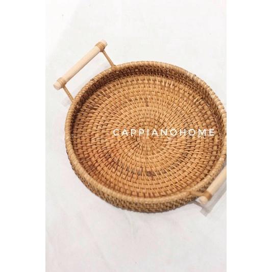Khay mây guột tròn có tay cầm, khay mây đựng đồ ăn tiện lợi, khay decor siêu hot, khay mây chuyên dụng | Cappiano Home