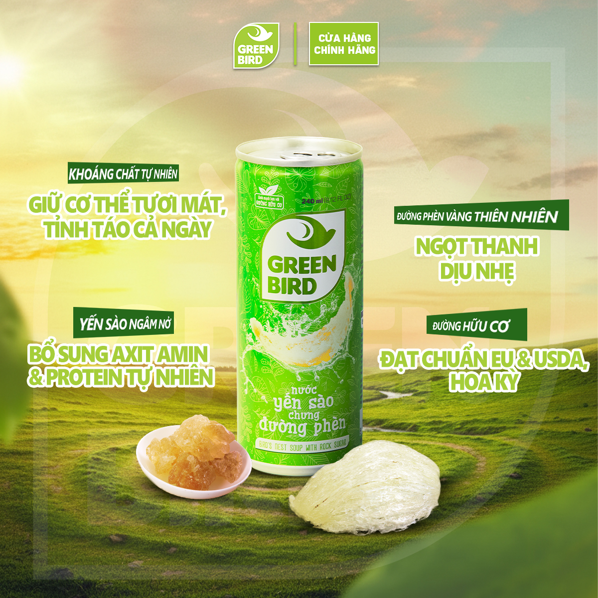 Nước Yến Sào Chưng Đường Phèn GreenBird Bổ Dưỡng Nguyên Chất Lon 240ml