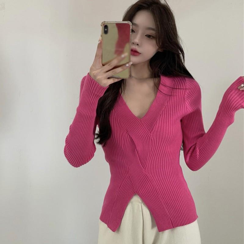 Áo Dệt Kim Màu Trơn Thiết Kế Cổ Chữ V Nữ Tính