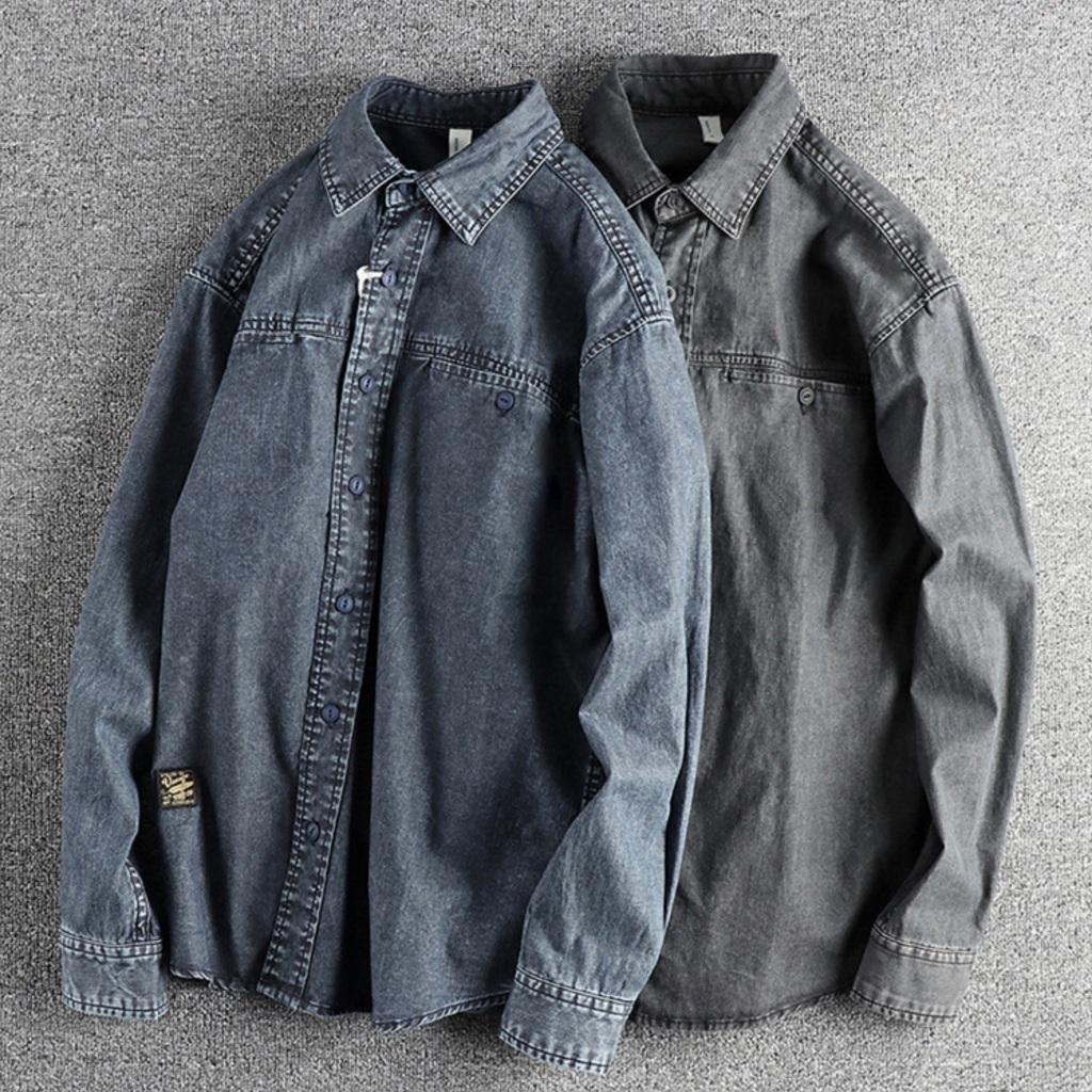 Sơ mi denim wash bụi phong cách Vinstage_dã ngoại_Biker - Xanh