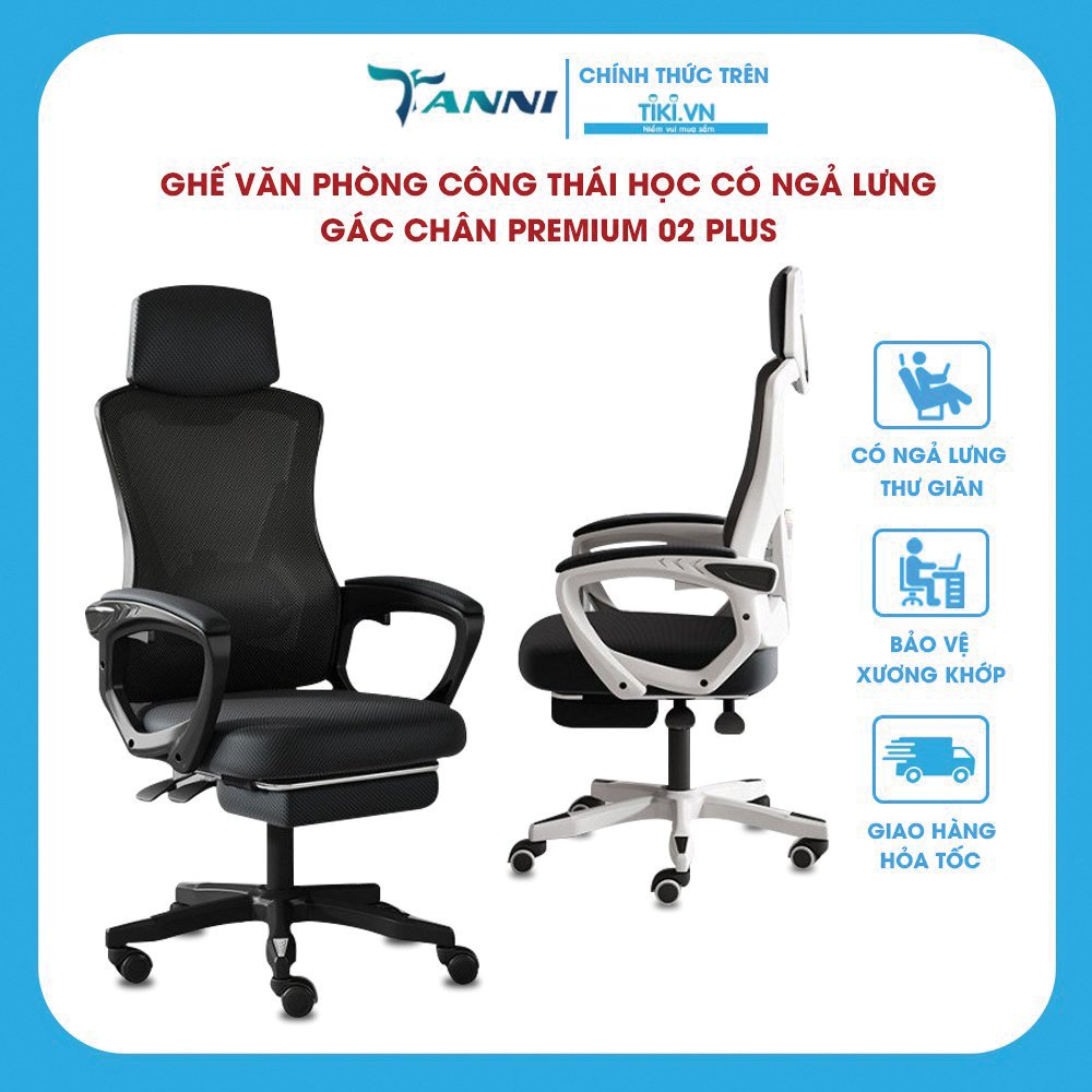 Ghế Công Thái Học Ergonomic Có Ngả Lưng Gác Chân TANNI Premium 02 Plus, Ghế Xoay Văn Phòng Gaming Cao Cấp Nhập Khẩu