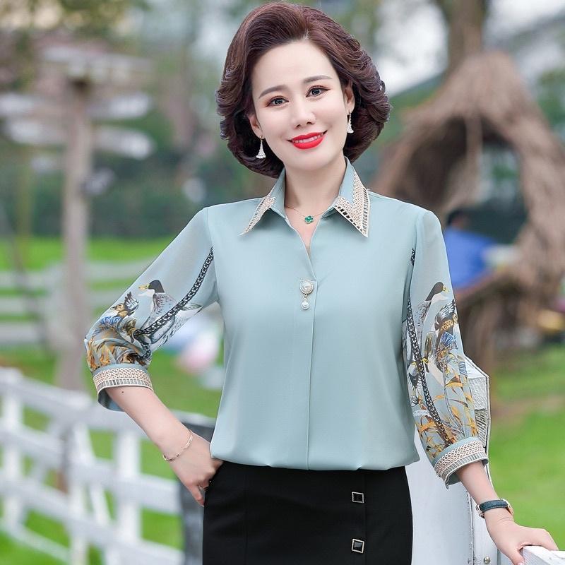 áo sơ mi lụa Quảng Châu cao cấp cho người trung niên _áo sơ mi kiểu trung niên nữ_ áo sơ mi lụa tay phối họa tiết