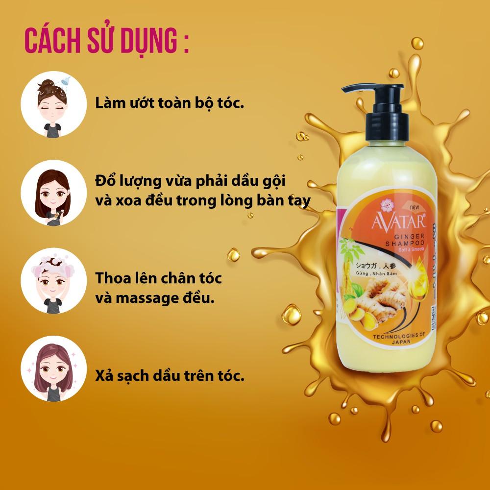 Dầu gội thảo mộc AVATAR Gừng &amp; Nhân Sâm 500ml Ngăn tóc gãy rụng Kích thích mọc tóc