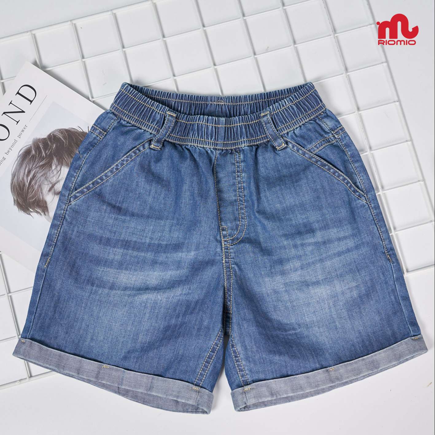 Quần short jean cho bé trai 3-11 tuổi (15-40kg) RIOMIO sooc bò ống rộng cạp chun 100% cotton - RM218