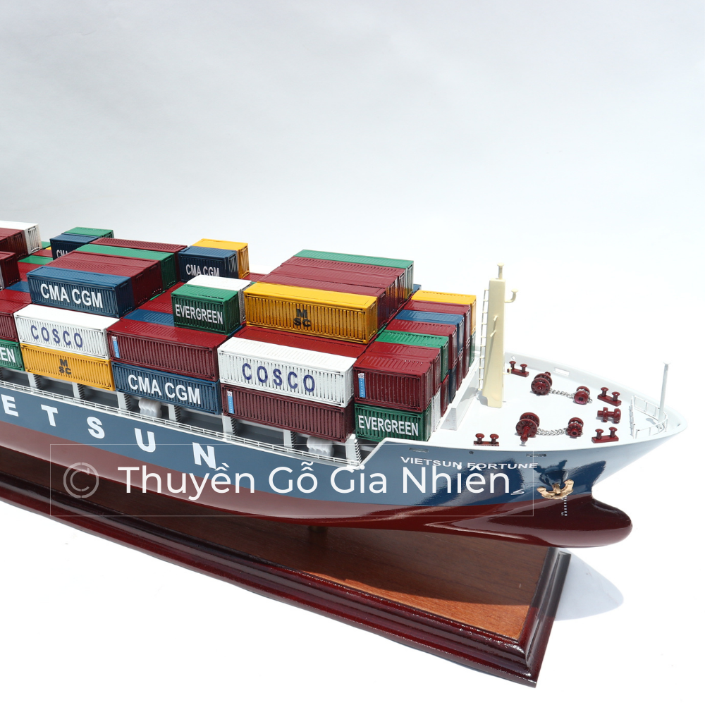 Mô Hình Thuyền Gỗ Phong Thủy Gia Nhiên, Thuyền Container Gỗ VIETSUN FOTUNER, Dài 70cm, Thuyền Xuất Khẩu Cao Cấp
