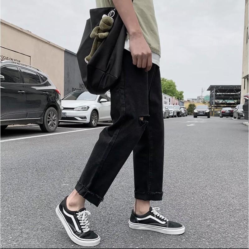 Quần Jean Baggy nam đen+ xanh sky rách gấu+ gối style hàn quốc 2021