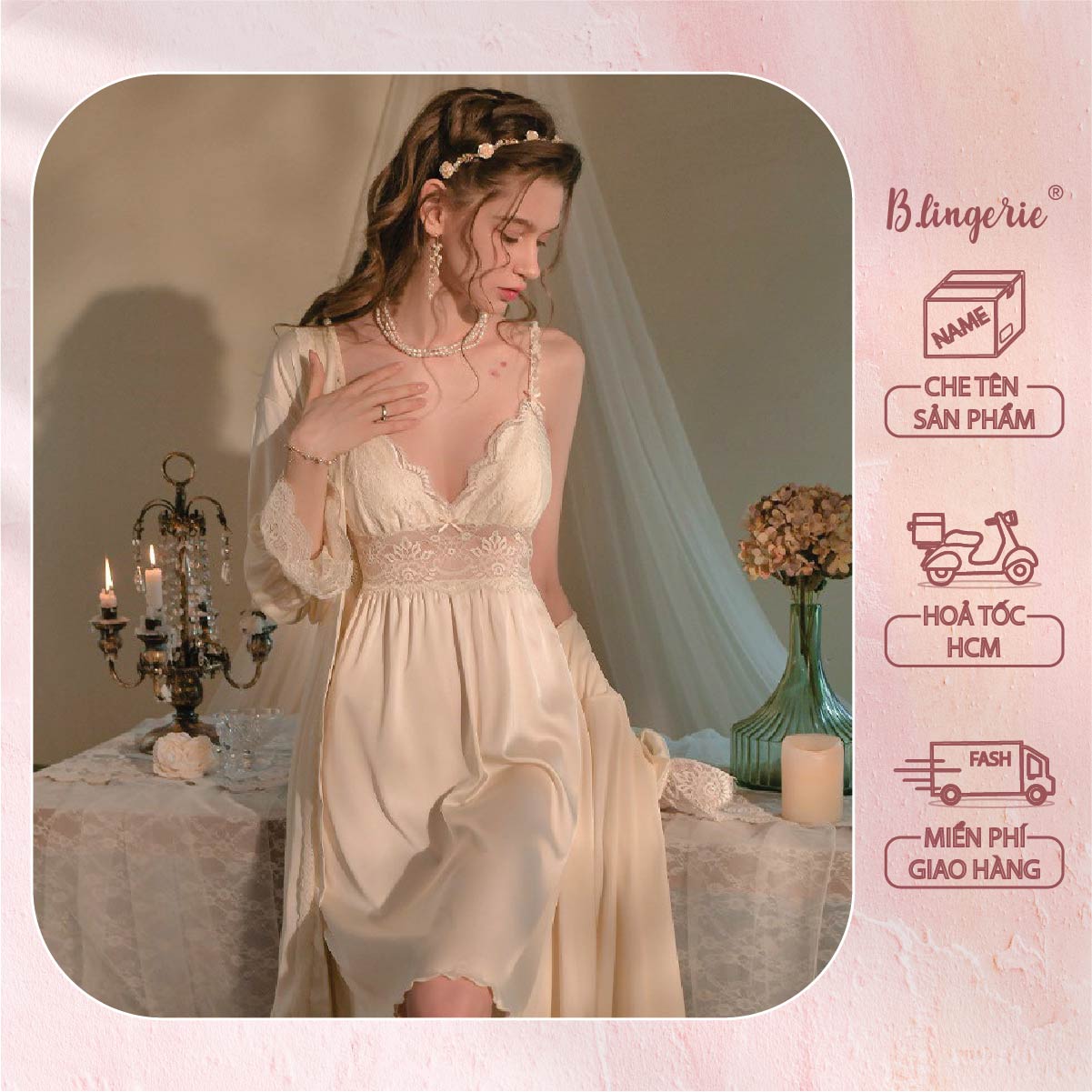 Đầm Ngủ Trơn Phối Ren Nhã Nhặn (Không kèm áo choàng) - B.Lingerie