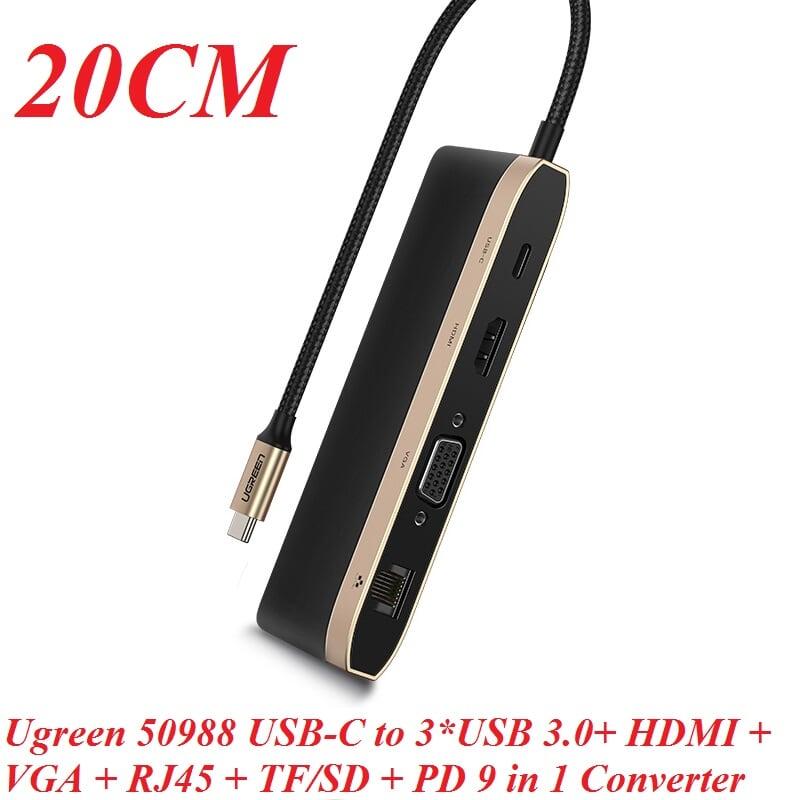 Ugreen UG50988CM221TK Bộ chuyển đổi TYPE C sang 3 USB 3.0 + HDMI + VGA + LAN + TF SD + nguồn TYPE C - HÀNG CHÍNH HÃNG