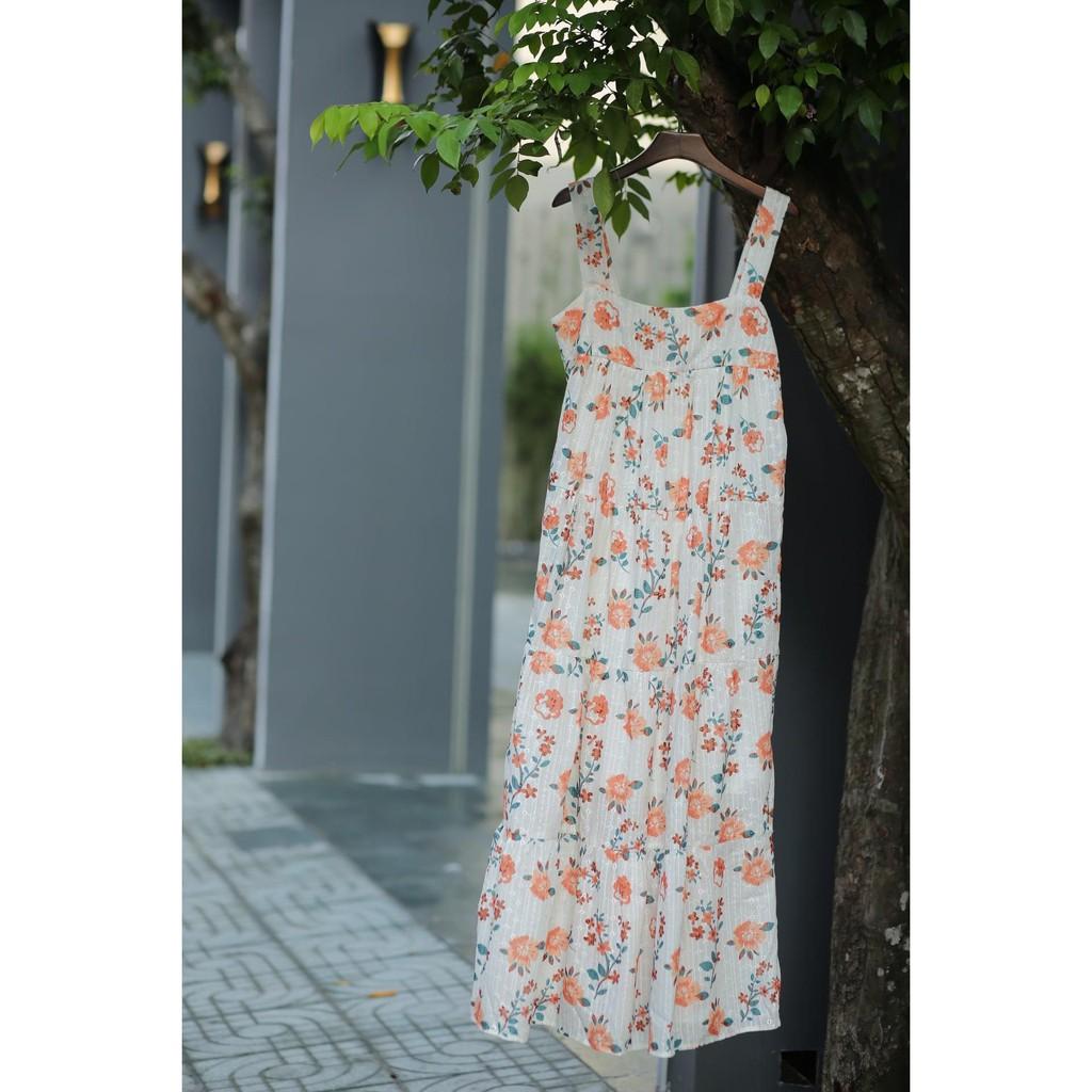 ĐẦM MAXI HOA NHÍ CAM XANH 2 DÂY XÒE DÀI VẢI KATE THÊU HOA TRẮNG NHÍ-hình thật cận vải