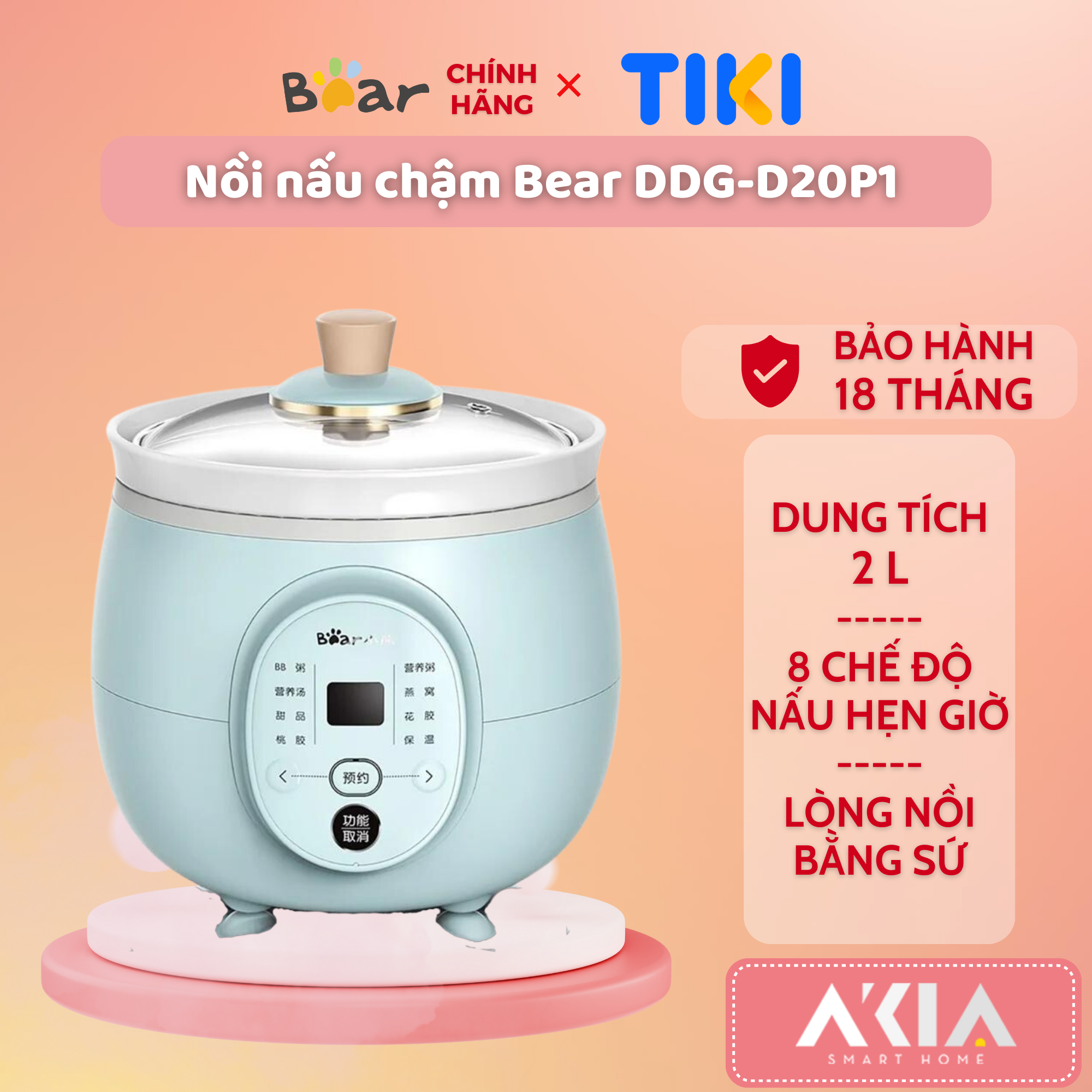 Nồi Nấu Chậm Đa Năng Bear DDG-D20P1 - Dung tích 2L, Lòng nồi bằng sứ, Hẹn giờ - Hàng Chính hãng - Bảo hành 18 tháng