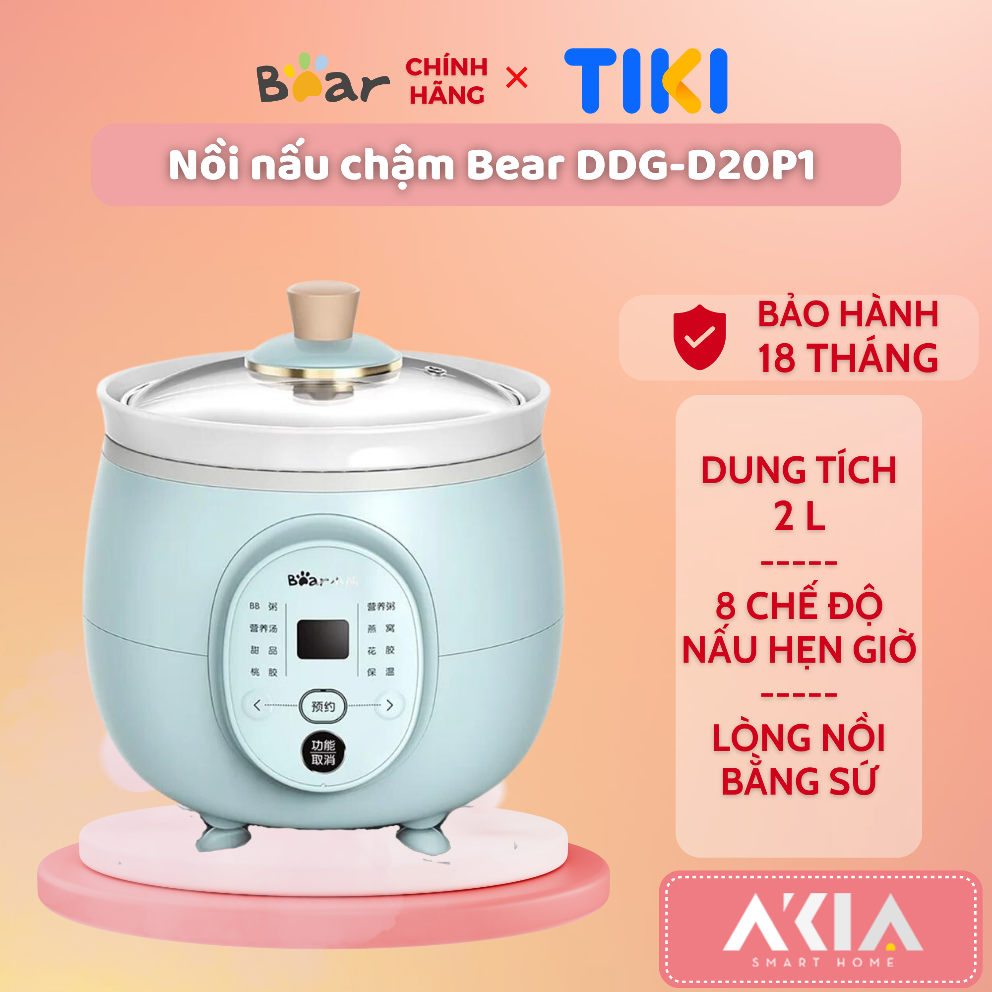 [BẢN QUỐC TẾ] Nồi Nấu Chậm Đa Năng Bear DDG-D20P1 - Dung tích 2L, Lòng nồi bằng sứ, Hẹn giờ - Hàng Chính hãng - Bảo hành 18 tháng