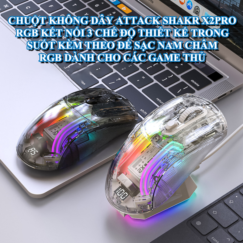 Chuột không dây Attack Shark X2Pro RGB kết nối 3 chế độ với thiết kế trong suốt kèm theo đế sạc nam châm led RGB cực đẹp - Hàng Chính Hãng