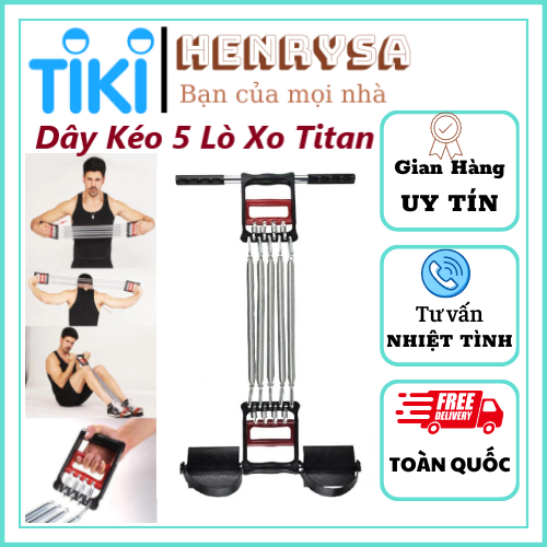 Dây kéo tập gym 5 Lò Xo titan Có Tay Cầm Và Bàn Đạp Chân - Dụng Cụ Tập Gym - Hàng chính hãng