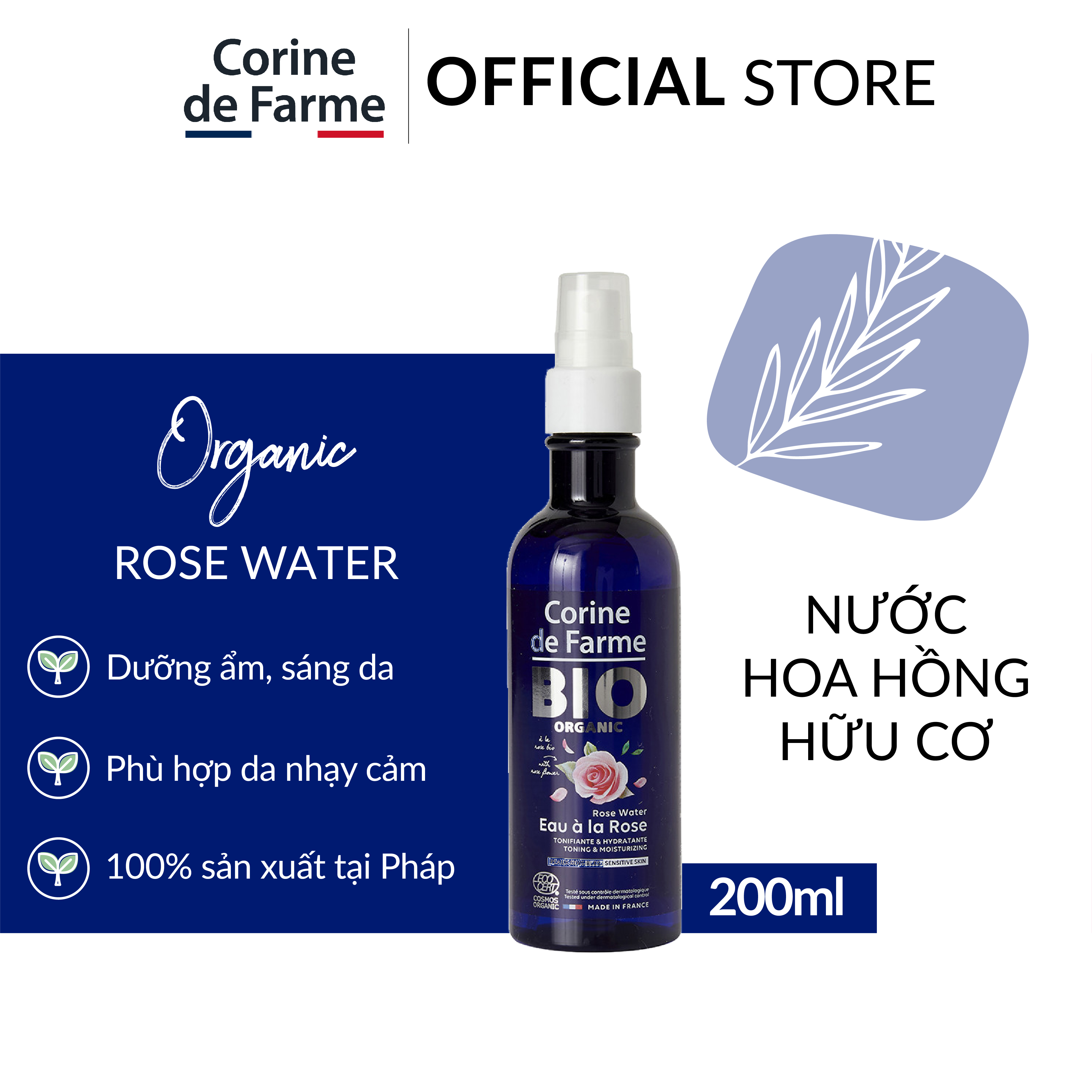 Nước Hoa Hồng Hữu Cơ Cho Da Nhạy Cảm Corine De Farme Bio Organic Rose Water 200ml