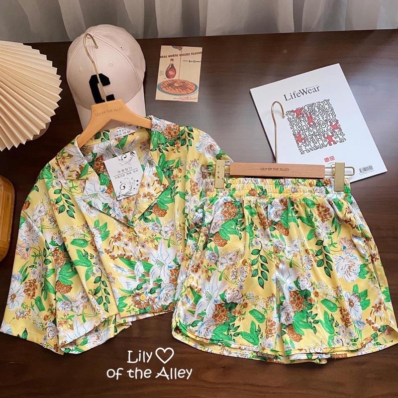 Set lụa áo sơ mi cổ vest và quần short