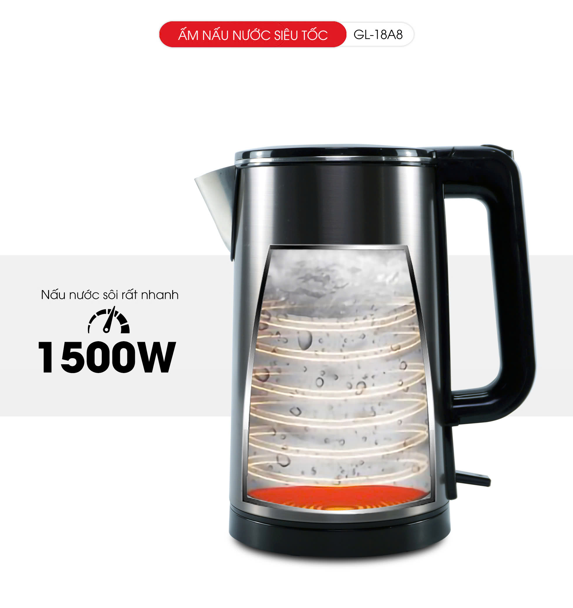 Ấm Siêu Tốc Gali GL-18A8 Thân Ấm Nguyên Khối Inox 304. Thiết kế 2 lớp Chống Nóng. hàng chính hãng, bảo hành 24 tháng