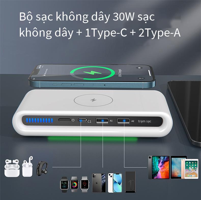 Bộ sạc không dây USB kép đa chức năng thuận lợi nhất Bộ sạc không dây 4 trong một 15W QC3.0 sạc nhanh trạm sạc USB đa cổng