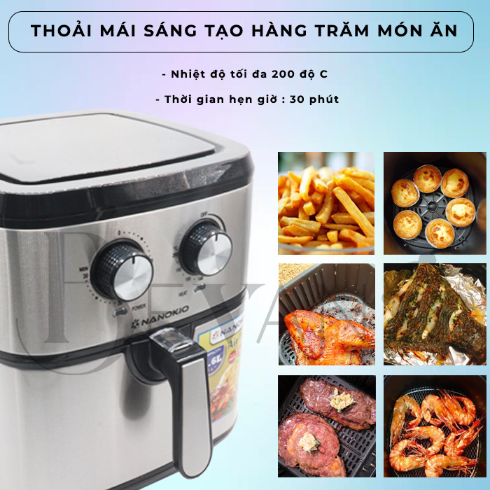 Nồi chiên không dầu Nanokio NK-9600 Bevano Gia Lai, Nồi nướng không dầu làm ra nhiều thực phẩm lành mạnh ít dầu hơn 80%, Nồi chiên không khi đa chức năng  chiên, nướng, quay và sấy khô thực phẩm tất cả trong một.