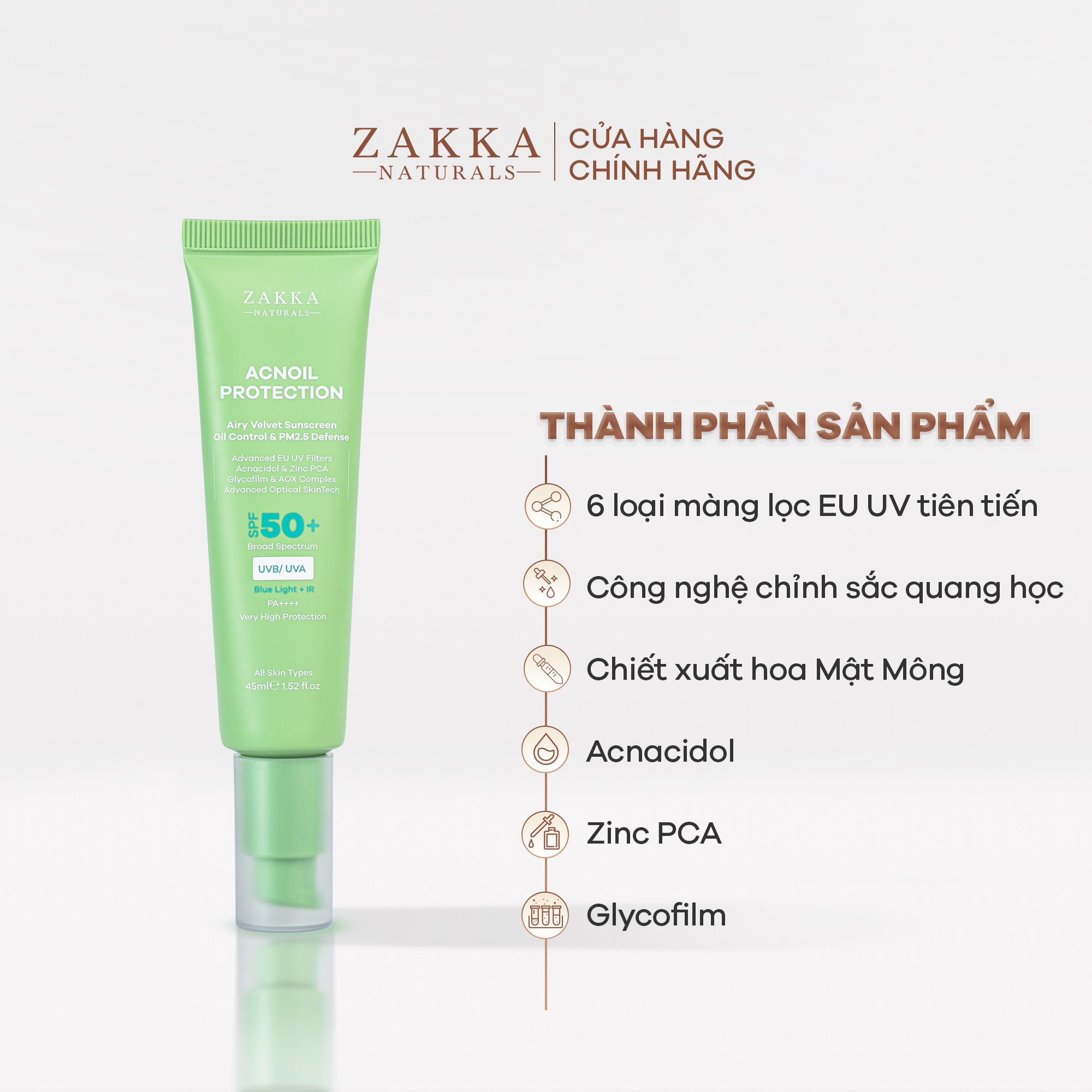 Kem chống nắng phổ rộng Acnoil Protection Zakka Naturals kiềm dầu mỏng nhẹ 45ml