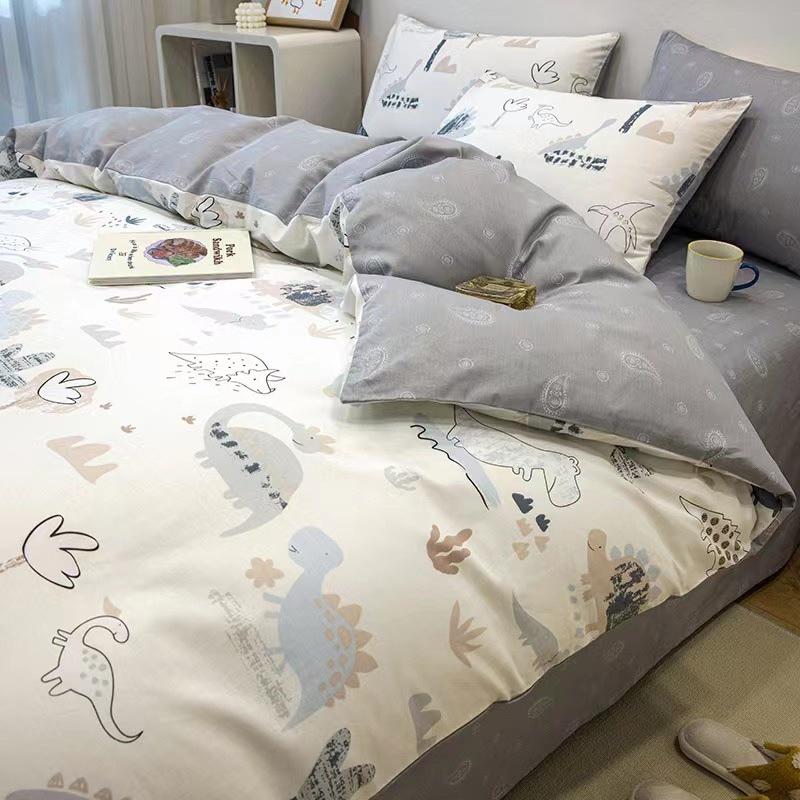 Bộ Chan Ga Gối Cotton Living 100%cotton Hàng Nhập Khẩu Cao Cấp Khủng Long Xanh
