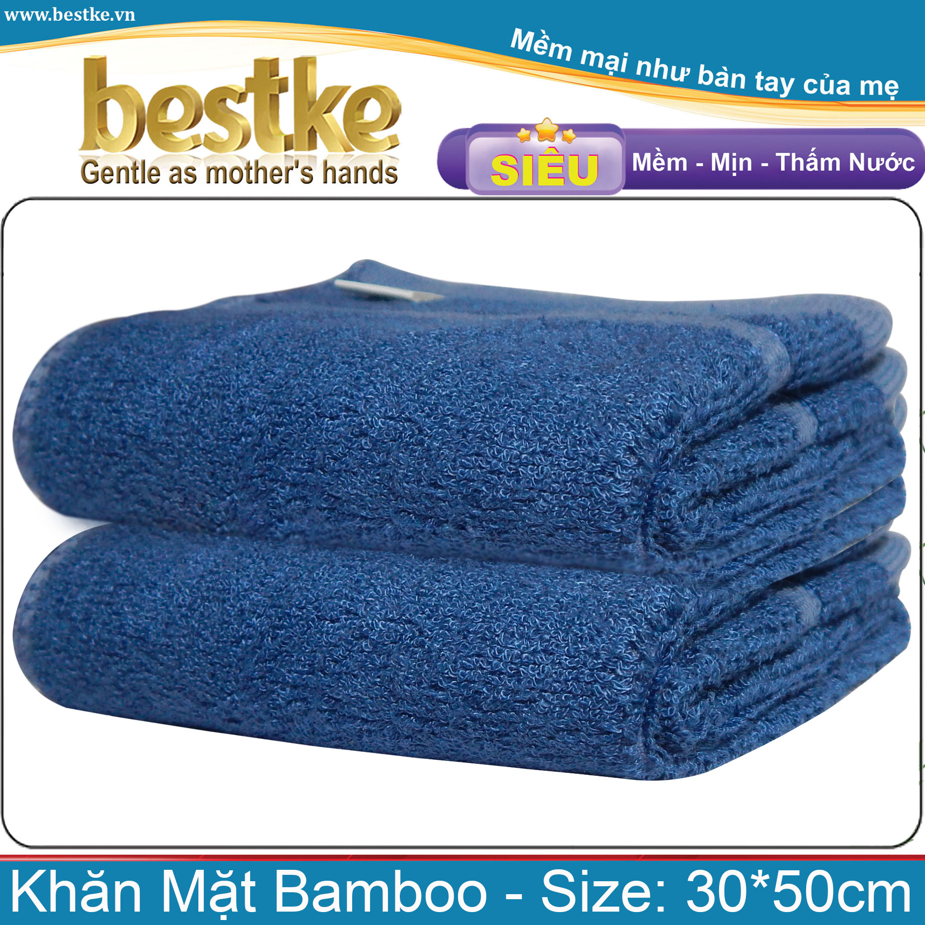 Combo 2 Khăn Mặt Bamboo Bestke Cao cấp Xuất khẩu Hàn Quốc màu xanh đậm size 30*50cm, Bamboo Towels