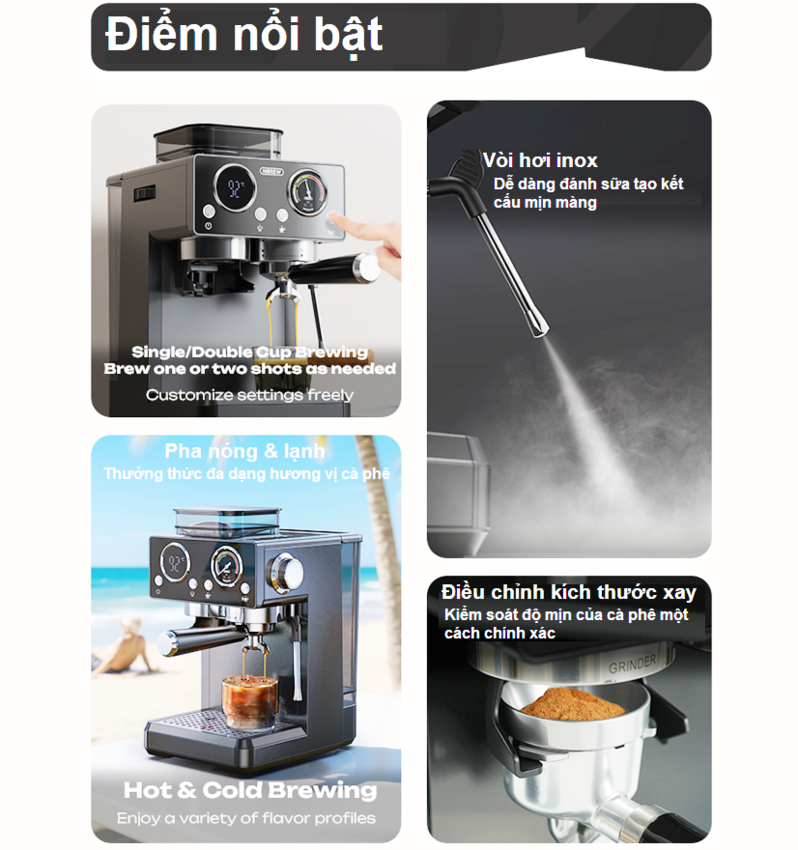 Máy pha và xay cà phê bán tự động 3 trong 1 Espresso, Cappuccino, Latte thương hiệu Mỹ cao cấp HiBREW H20 - Công suất 1500W 20bar - Hàng chính hãng