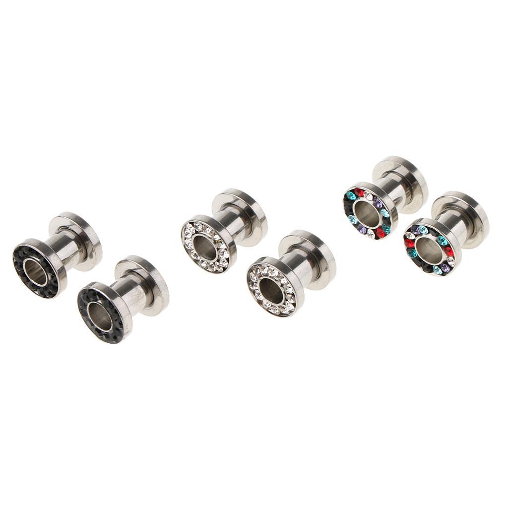 Set of 6 Ear Gauges Plug Expander Rhinestone Tunnel Piercing Jewelry 6mm