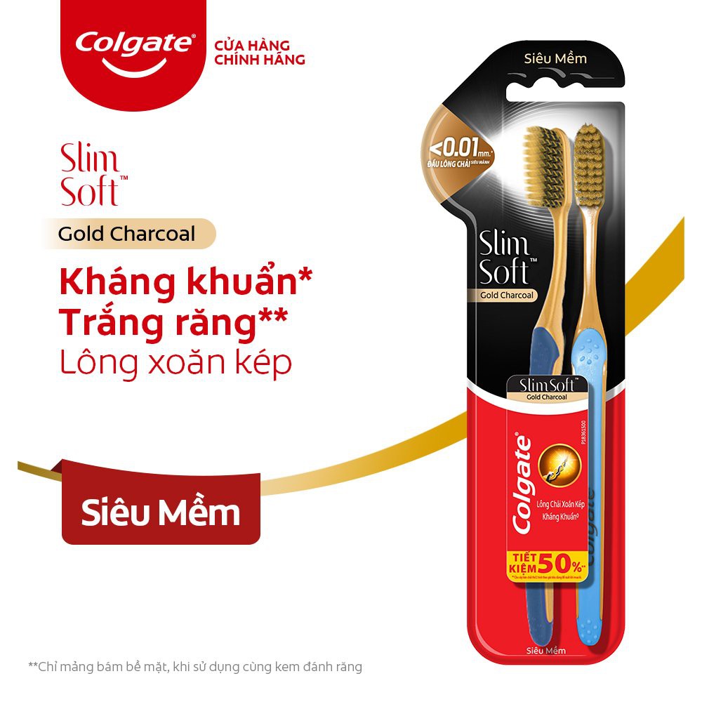 Bộ 2 Bàn chải Colgate Slimsolt Charcoal Gold kháng khuẩn than vàng tặng kèm kem đánh răng Colgate