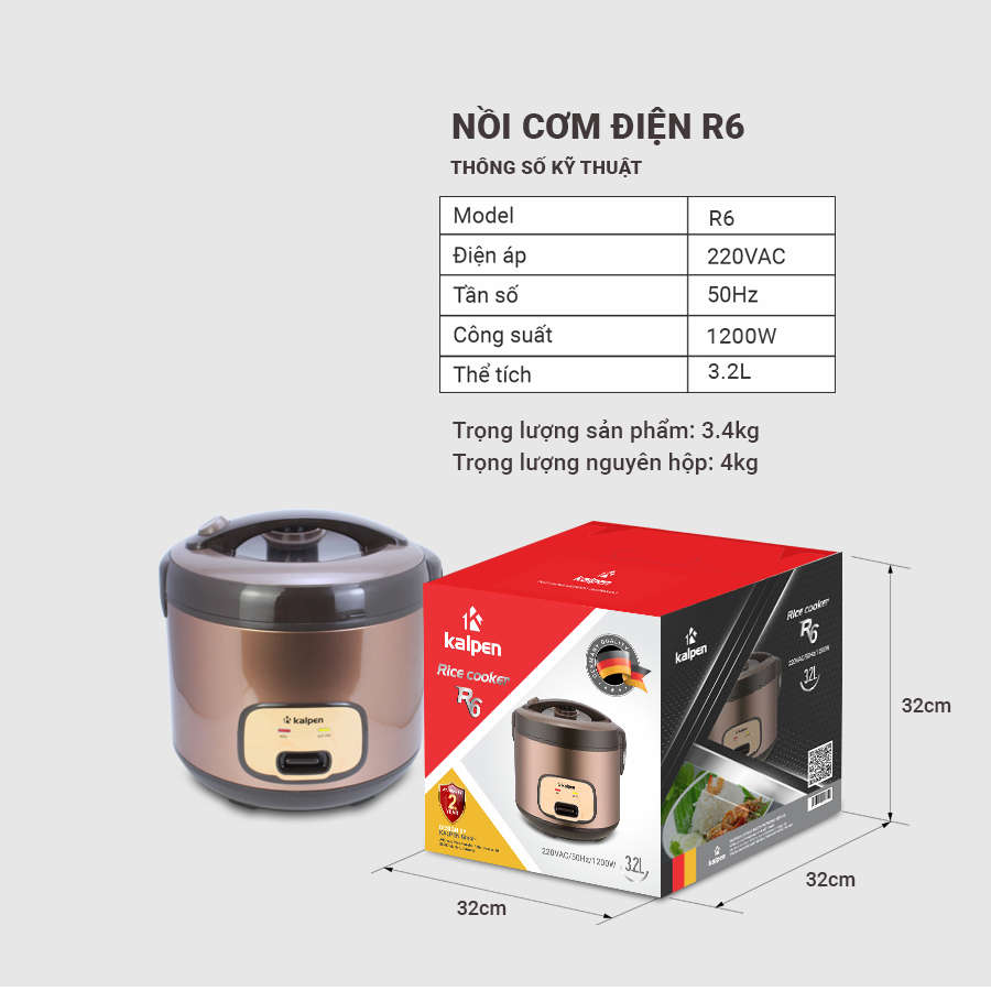 Nồi cơm điện cao cấp Kalpen R6 dung tích 3.2 lít công suất 1200W chuẩn hàng Đức - Hàng chính hãng