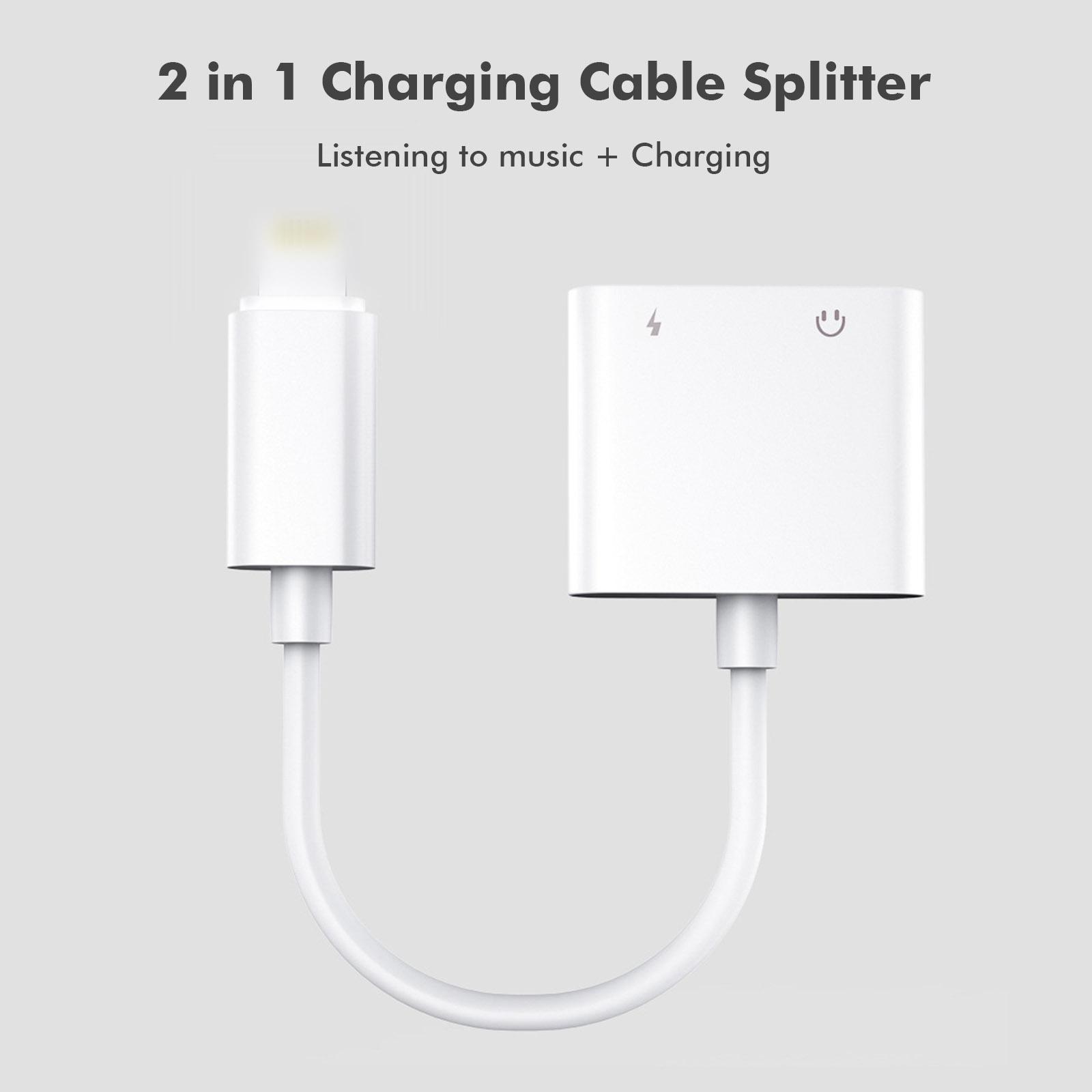 2 in 1 Charging Cable Splitter Earphone Cable Audio Adapter IOS Audio Headset Charger Converter Compatible with iPhone