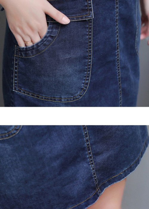 Đầm Yếm Jean Nữ Phối Da Nút Ngực Duyên Dáng