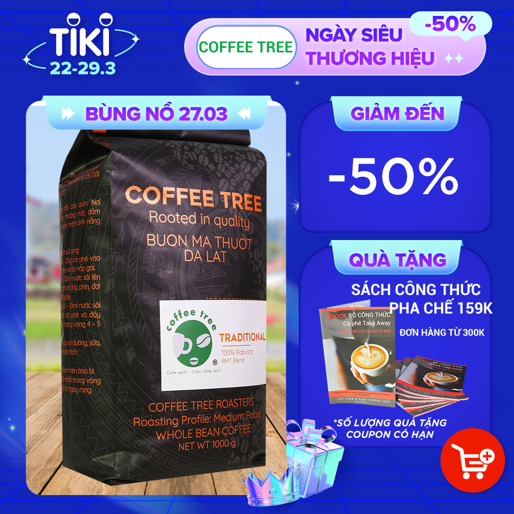 Cà phê hạt Robusta nguyên chất 100% 1kg - Coffee Tree thơm ngon, đậm đà