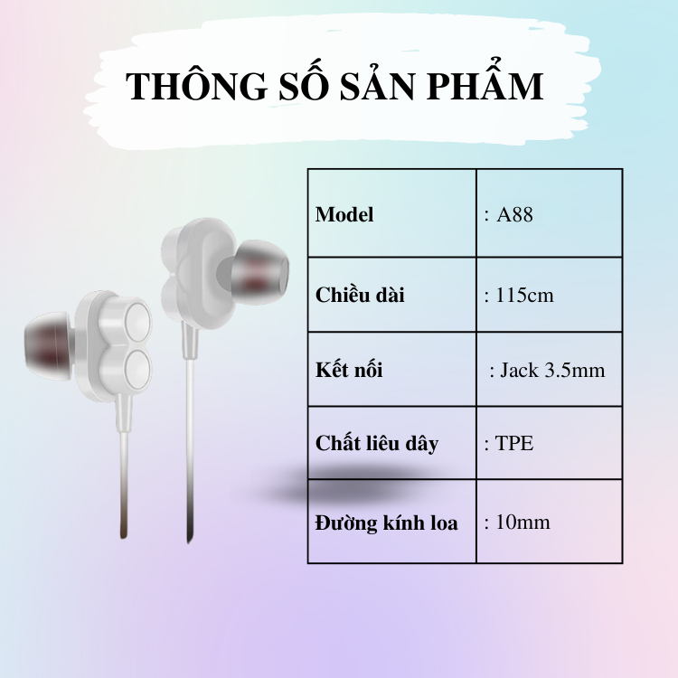 Tai Nghe Nhét Tai Có Dây A88 - Tích Hợp Micro Đàm Thoại - Dây Đàn Hồi Chắc Chắn, Chiều Dài Dây 115cm