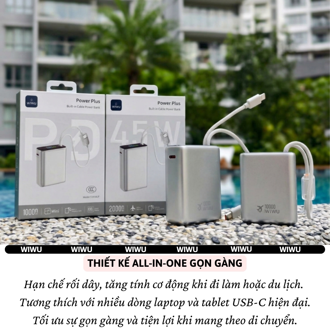 Pin sạc dự phòng PD 3.0 sạc nhanh 45W 20.000mAh tích hợp dây Type C + L(iP)  WIWU POWERPLUS Cho iPhone Laptop Macbook - sạc nhanh ổn định, tối ưu hiệu suất, Chuẩn an toàn 3C / CCC / CE / RoHS,  Thiết kế nhỏ gọn, cao cấp - Hàng nhập khẩu