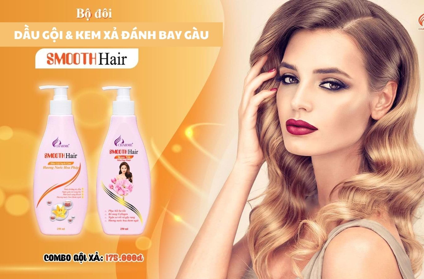 Dầu Gội Kem Xả CHARME Smooth Hair Đánh Bay Gàu 250Ml