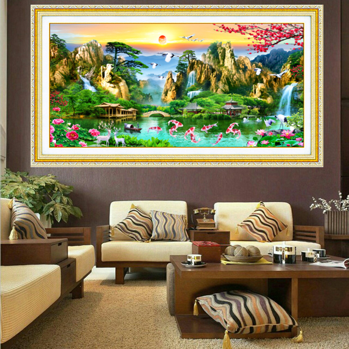 Tranh đính đá Lưu thủy sinh tài - tự đính