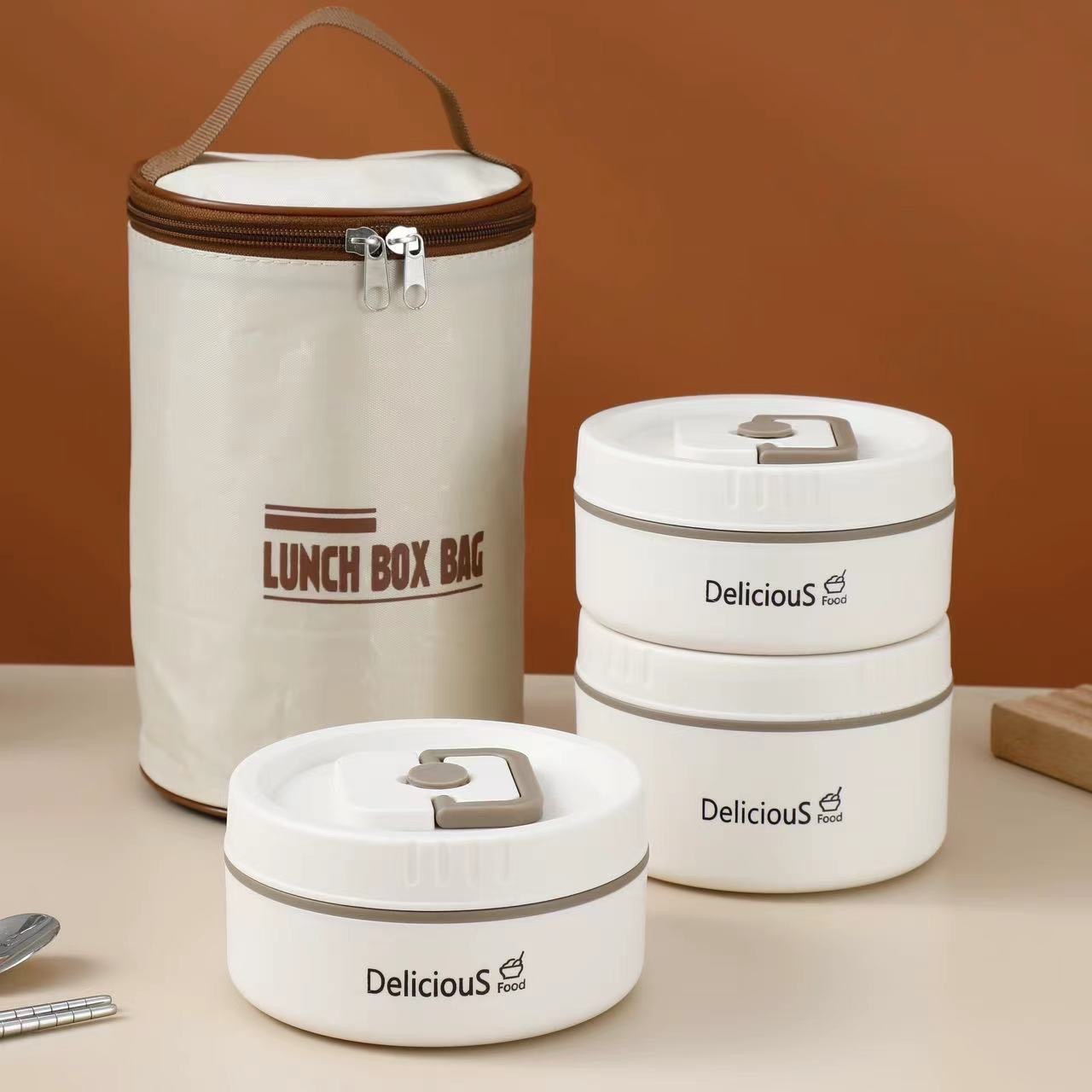Hộp Cơm 3 Tầng Lunch Box Kèm Muỗng Đũa Và Túi Đựng Tiện Lợi