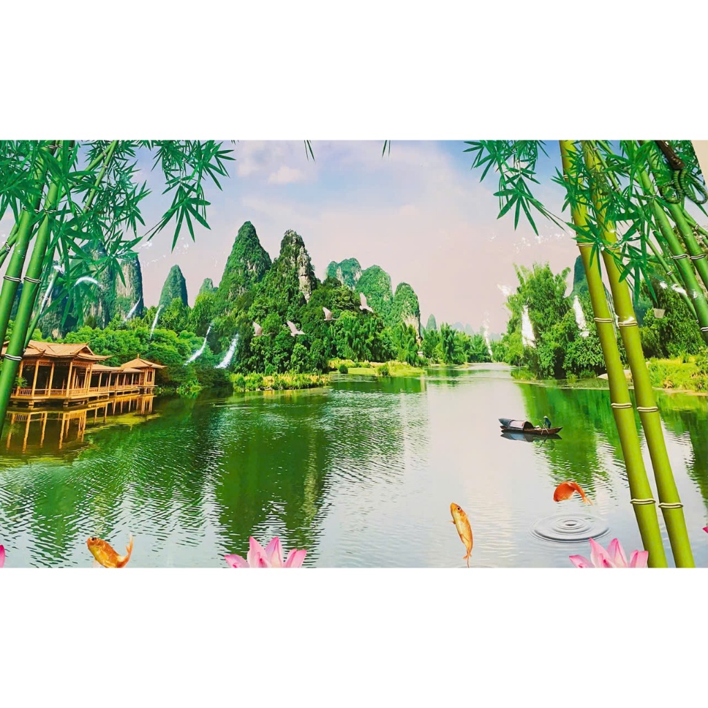 (ẢNH THẬT) Tranh dán tường 3d phong cảnh phong thuỷ hữu tình có sẵn keo( có in theo yêu cầu)