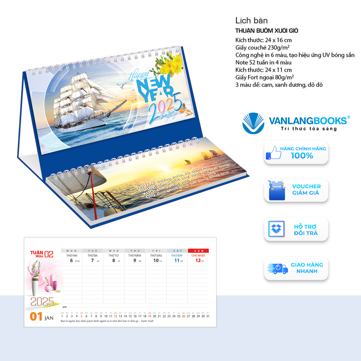 Lịch 2025 Lịch Bàn Có Note - Thuận Buồm Xuôi Gió - VLLB14 - Lịch Văn Lang - Xanh