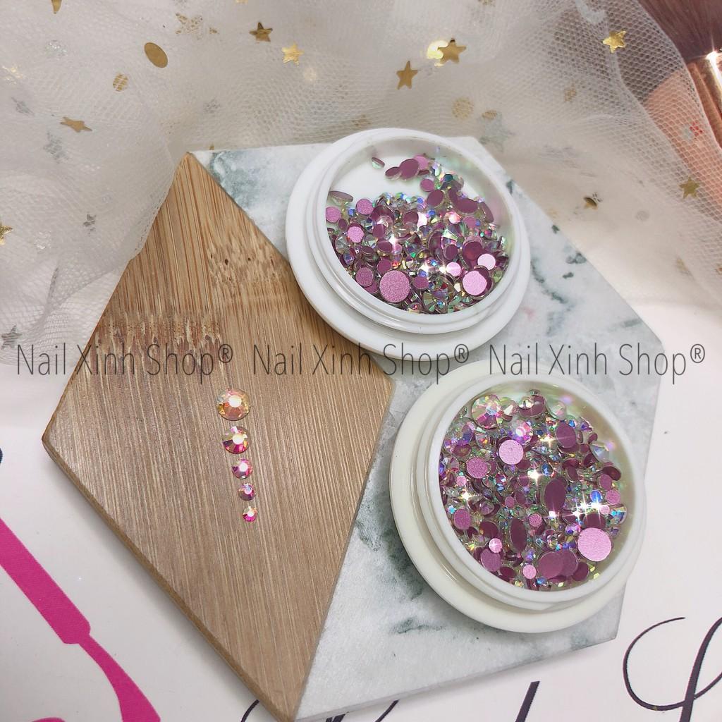 Đá trang trí móng, đá nail hộp tròn, phụ kiện nail, trang trí mong tay cao cấp 2020 (đá cắt 6D, đa giác, sáng -đẹp)