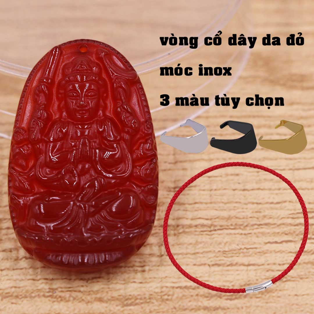 Mặt dây chuyền Thiên thủ thiên nhãn bồ tát mã não đỏ 3.6 cm kèm vòng cổ dây da đỏ, Phật bản mệnh, mặt dây chuyền phong thủy, Quan âm bồ tát