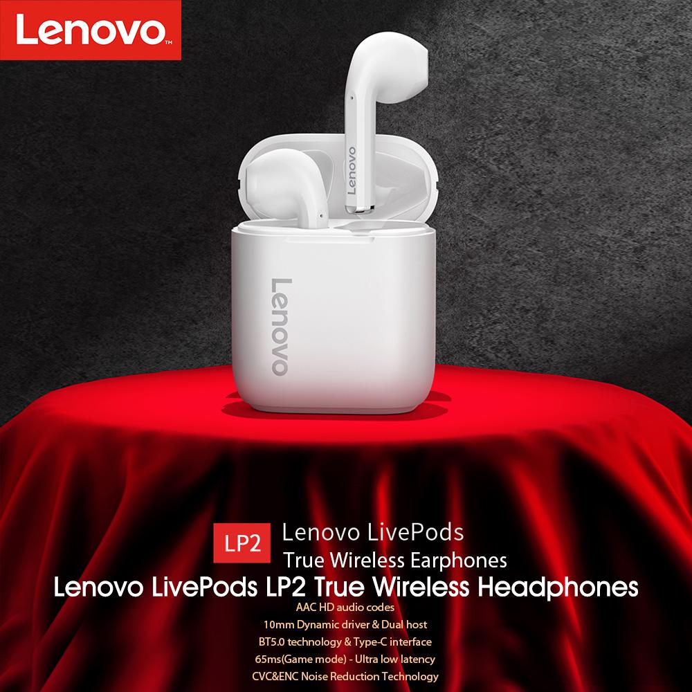 Lenovo LivePods LP2 Headphones BT 5.0 TWS Stereo Earphones with CVC&ENC Noise Reduction AAC IPX5 Waterproof 10mm Dynamic
