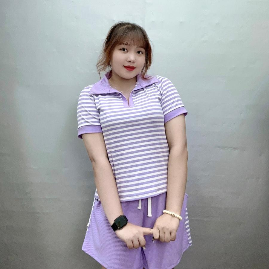 Áo thun polo cổ trụ bigsize nữ kèm quần đùi thun phối sọc co giãn chất gân tăm, Set bộ bigsize Cô Nhỏ - STRU22 - Màu Tím