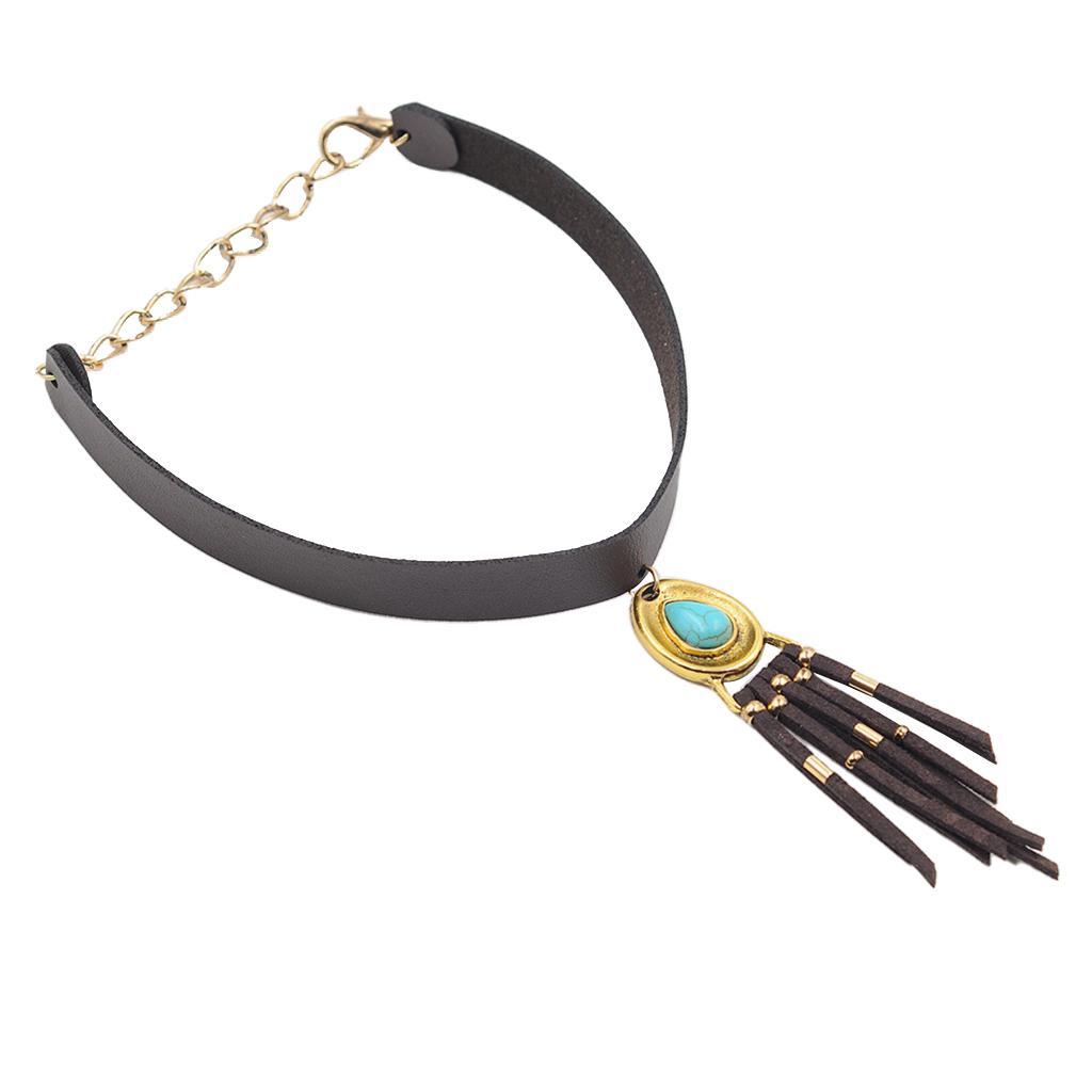 Women Bohemian PU Leather Choker Necklace Charm Pendant with Tassels