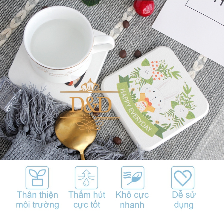 Miếng lót ly - Tấm lót ly, cốc siêu hút nước bằng đất xốp Diatomite họa tiết, thông điệp dễ thương