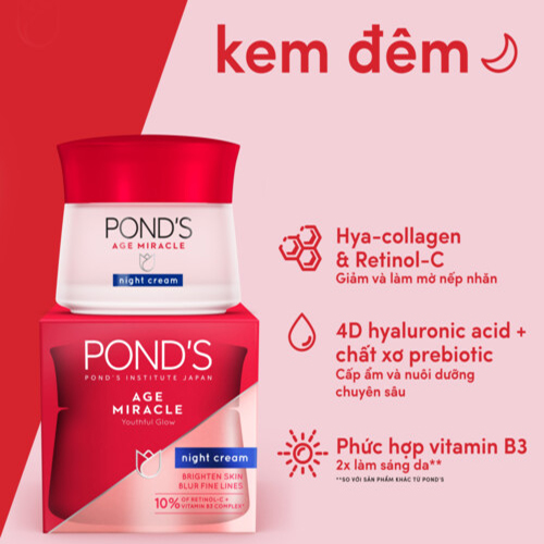 Kem Dưỡng Ẩm POND'S ngăn ngừa lão hóa Ban Đêm Dưỡng da và đều màu da