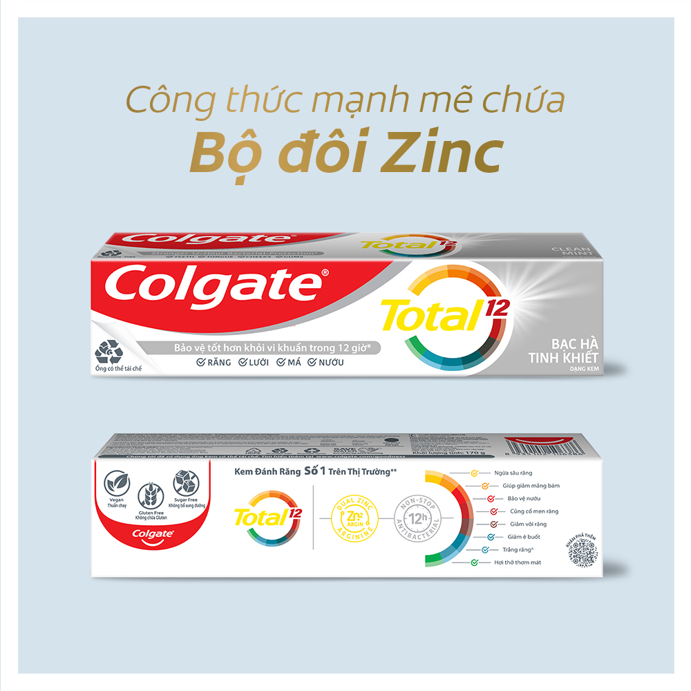 Kem đánh răng Colgate diệt vi khuẩn Total Clean Mint hương bạc hà bảo vệ toàn diện 12h 170g/tuýp